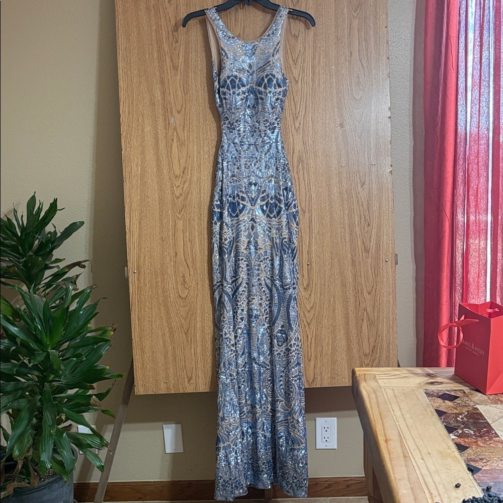 Camille La Vie Blue and nude Backless prom Dress - Picture 3 of 9